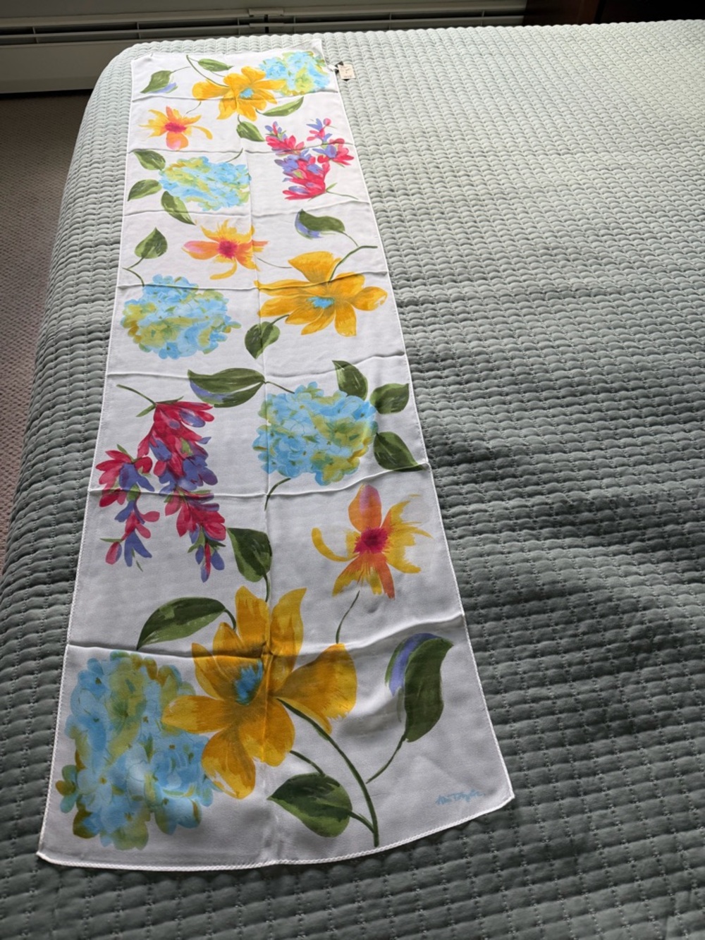 Ann Taylor Floral Silk Scarf with Bright Watercolor Blooms.